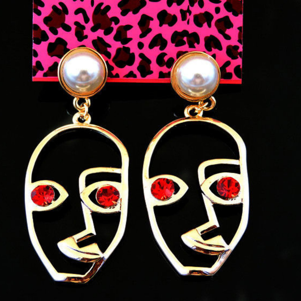 Pearl and Red Crystal Abstract Earrings